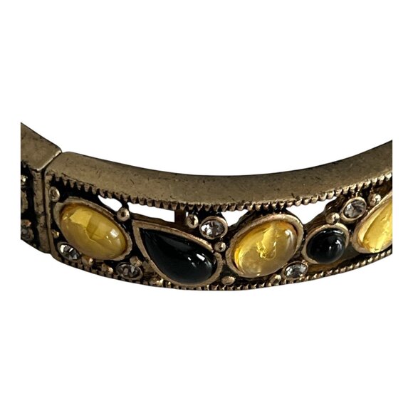 Vintage Amber & Black Beaded Necklace with Gold-Tone Cabochon Bracelet - Picture 5 of 7